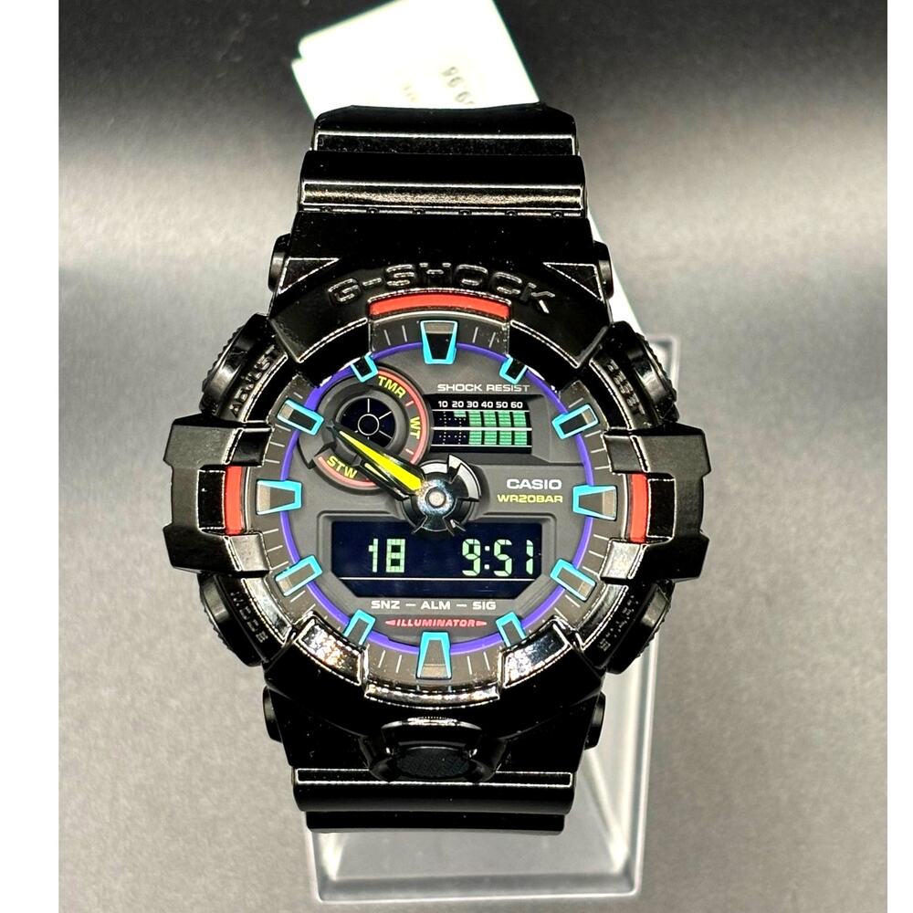 Casio G-Shock GA700RGB-1A Mens Virtual Rainbow Glossy Black 53mm Watch NIBWT